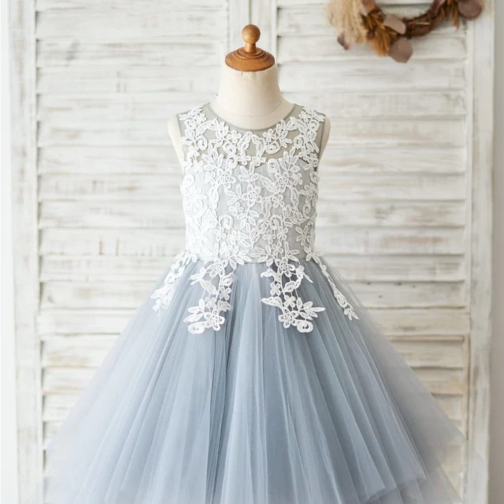 Elegant White and Blue Lace Kids Dress